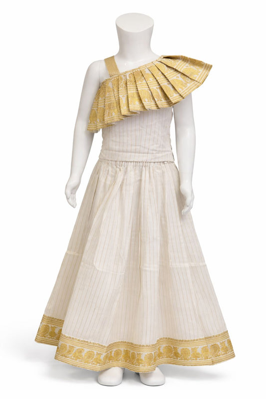 White & Gold Pleated Elephant Border Top and Striped Skirt