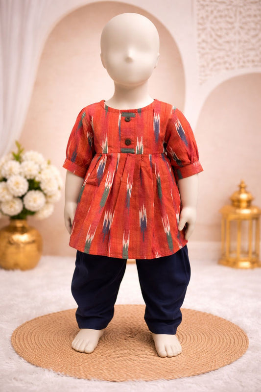 Orange Ikat Kurti with Navy Blue Dhoti