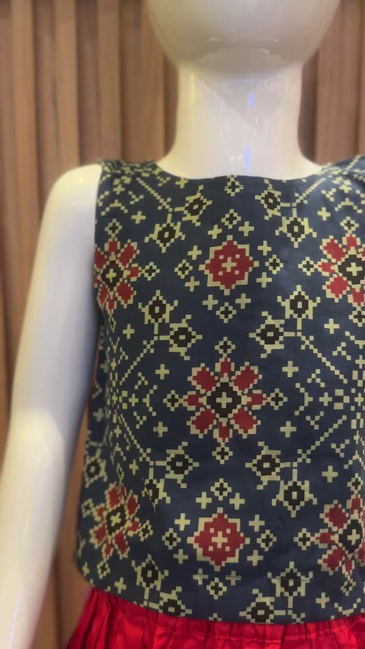 Navy Red Patola Top with Skirt