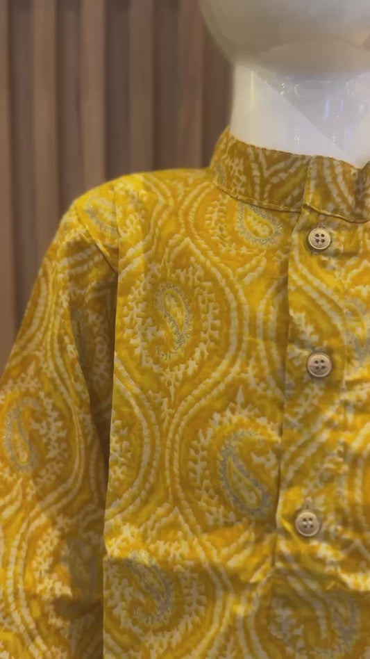 Mustard Yellow Paisley Print Kurta with Dhoti Set