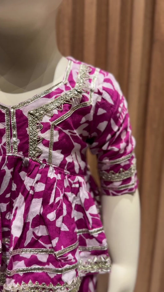 Purple Floral Printed Gota Lace Kurti and Pant