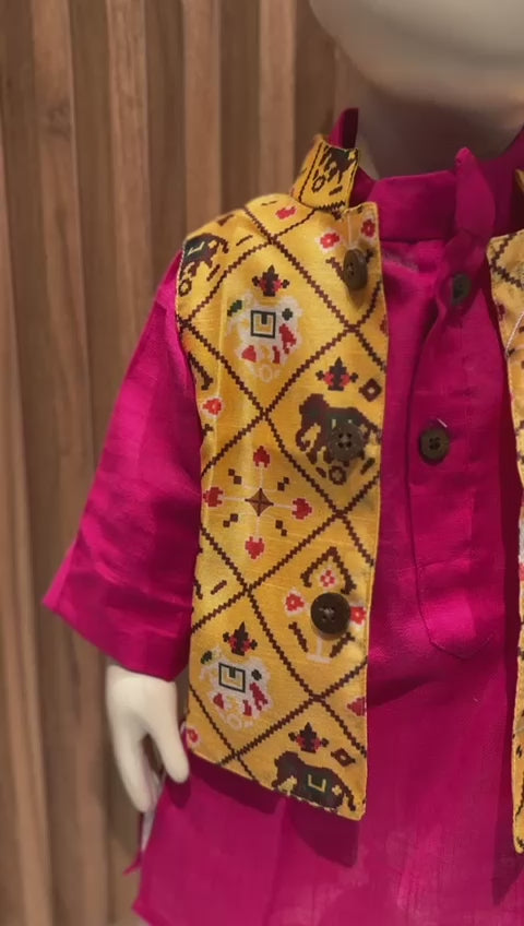 Pink Long Kurta with Mustard Patola Jacket and Pyjama