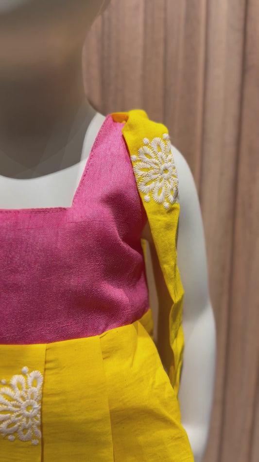 Pink and Yellow Floral Embroidery Frock