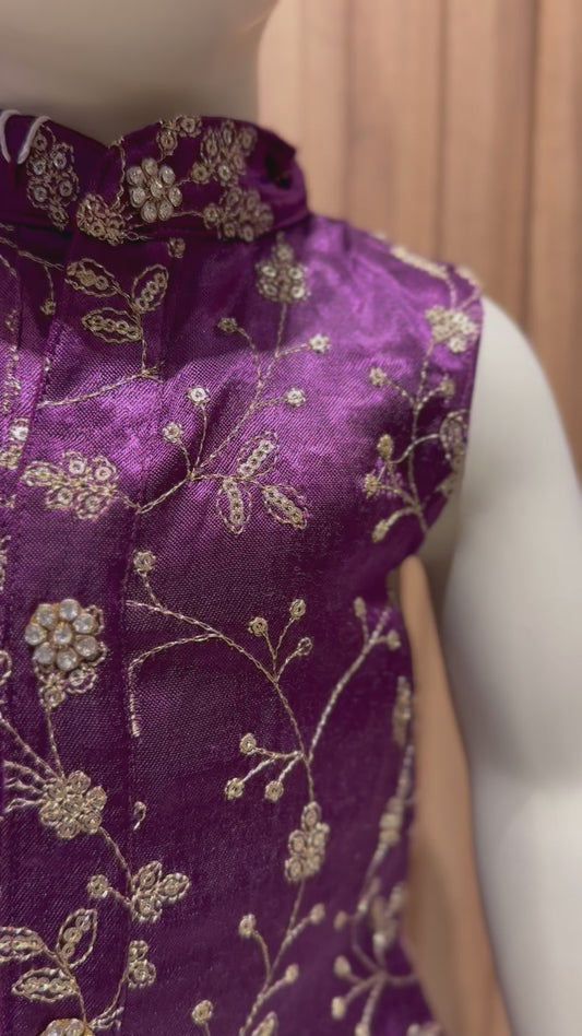 Purple Gajji Silk Kurta & Rose Gold Dhoti