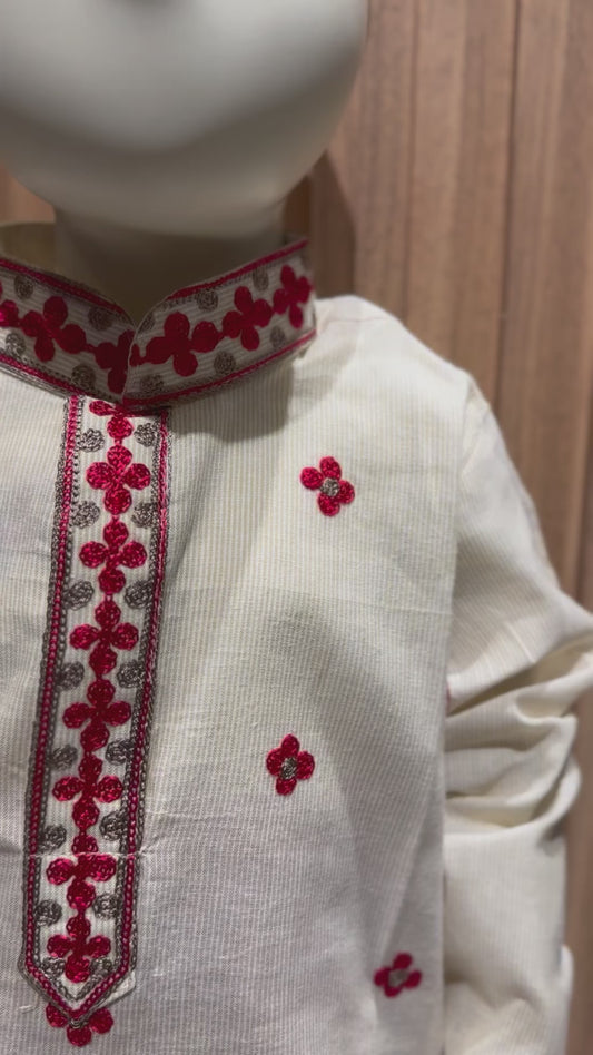 White Aari Embriodered Kurta with Red Dhoti Set