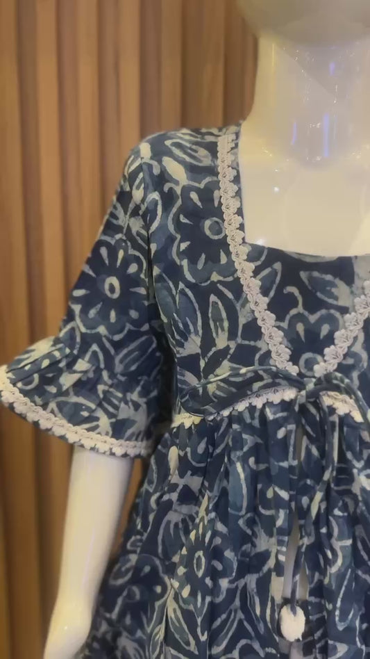 Blue & White Block Print Kurti with Sharara Pant