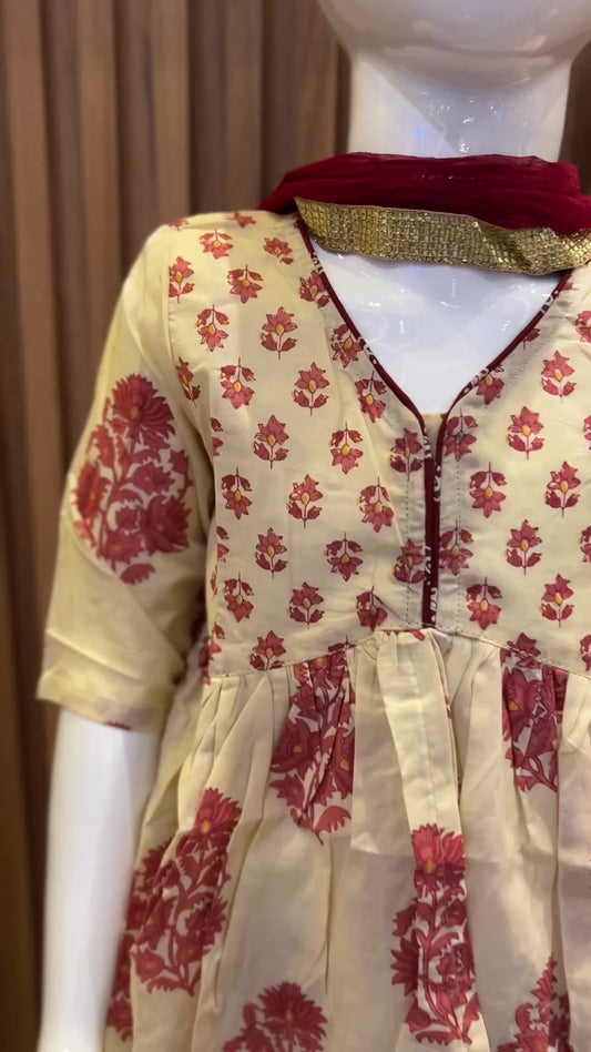 Cream with Maroon Buti & Floral Print Sharara Set