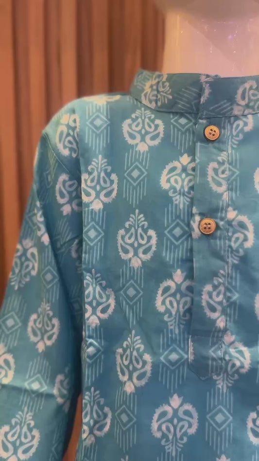 Sky Blue Ikat Print Kurta with Dhoti Set
