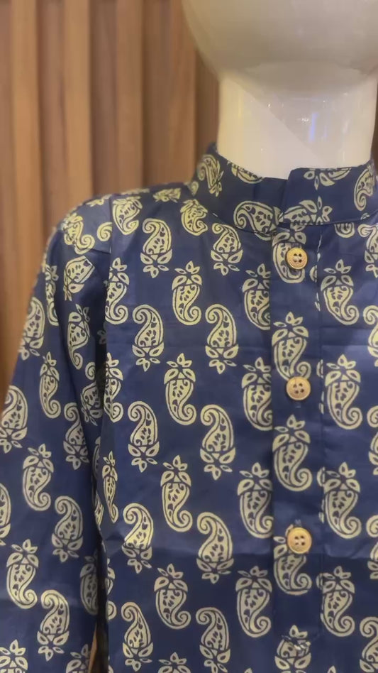 Blue Paisley Print Kurta with Dhoti Set