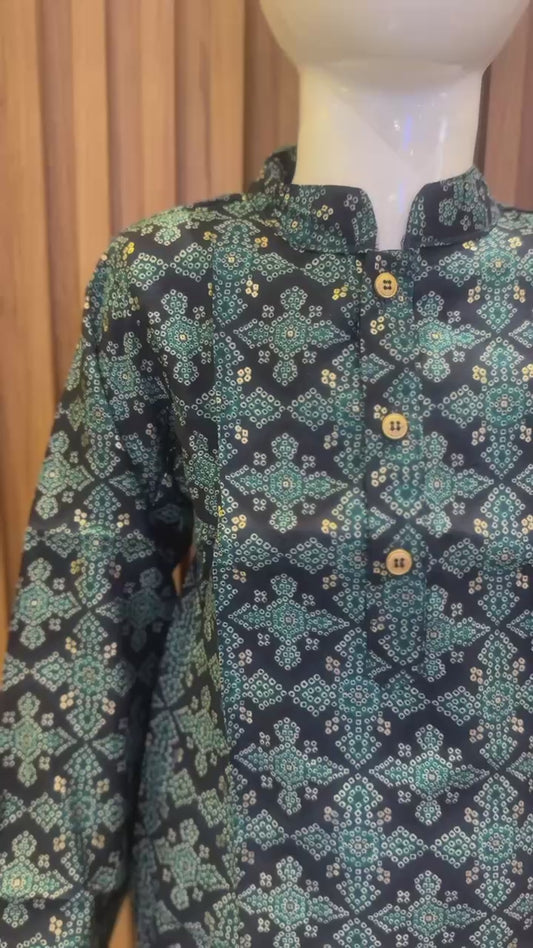 Navy Blue & Turquoise Printed Kurta Pajama