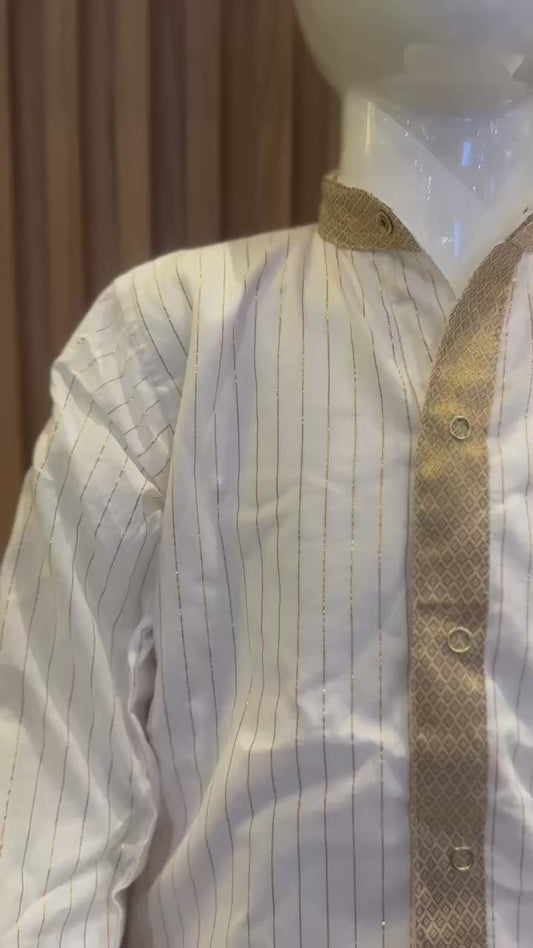 White Striped Kurta with Golden Elephant Border Dhoti
