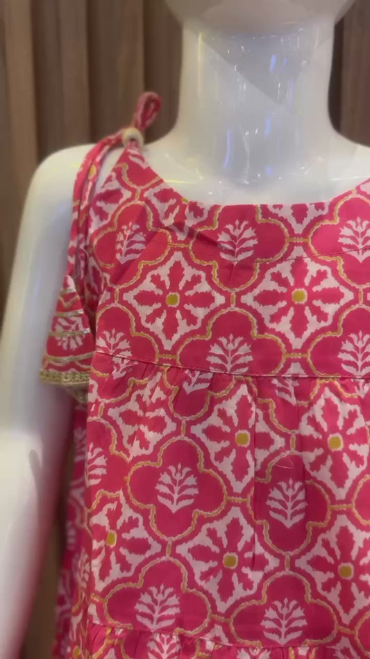 Bright Pink Motif Tiered Kurti with Afghan Pant