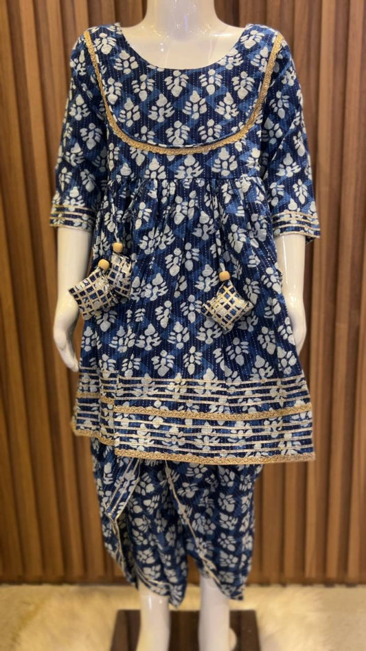 Blue White Motif Kurti with Gota Lace and Tulip Pant