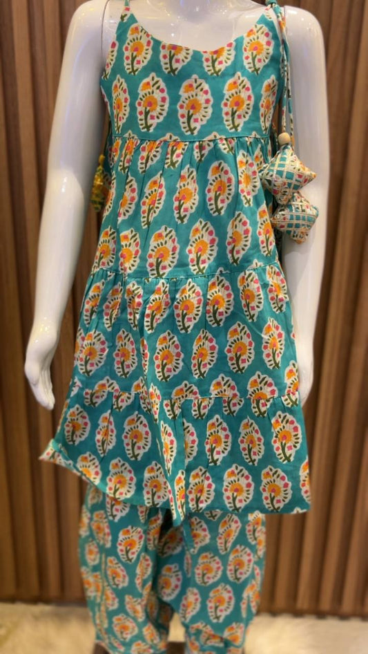 Turquoise Flower Print Tiered Kurti with Afghan Pant