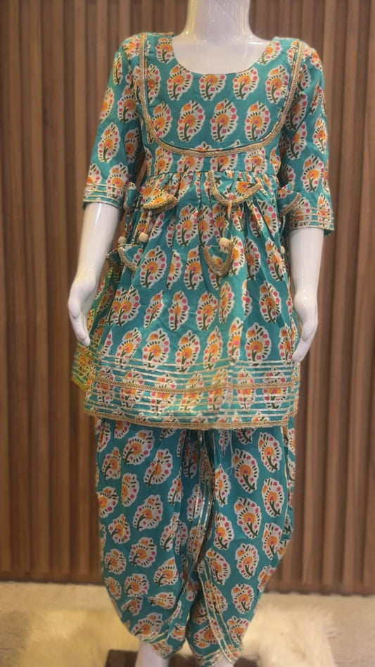 Sea-Foam Green with Buta Printed Kurti with Dhoti Pant