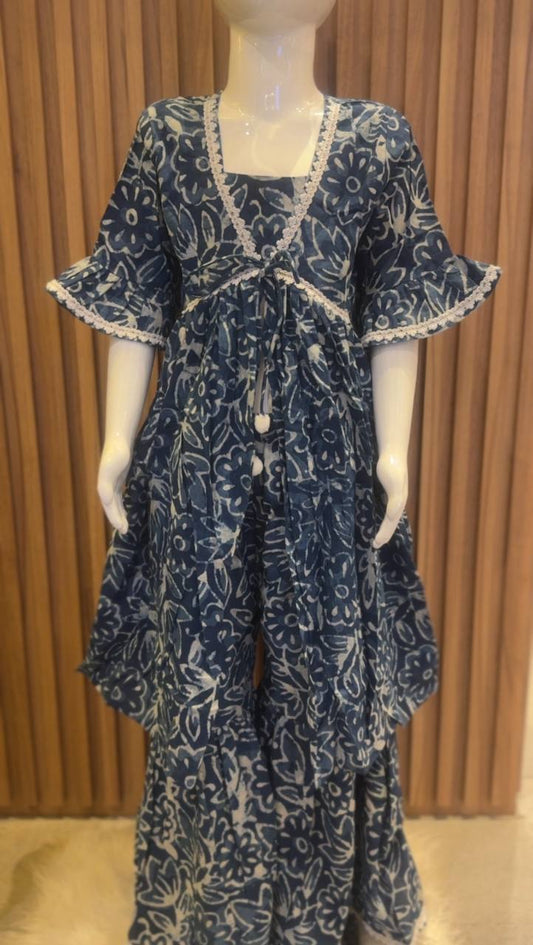 Blue & White Block Print Kurti with Sharara Pant