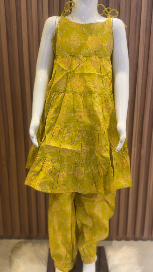 Yellow Bandhani-Inspired Tiered Frock with Afghan Pant