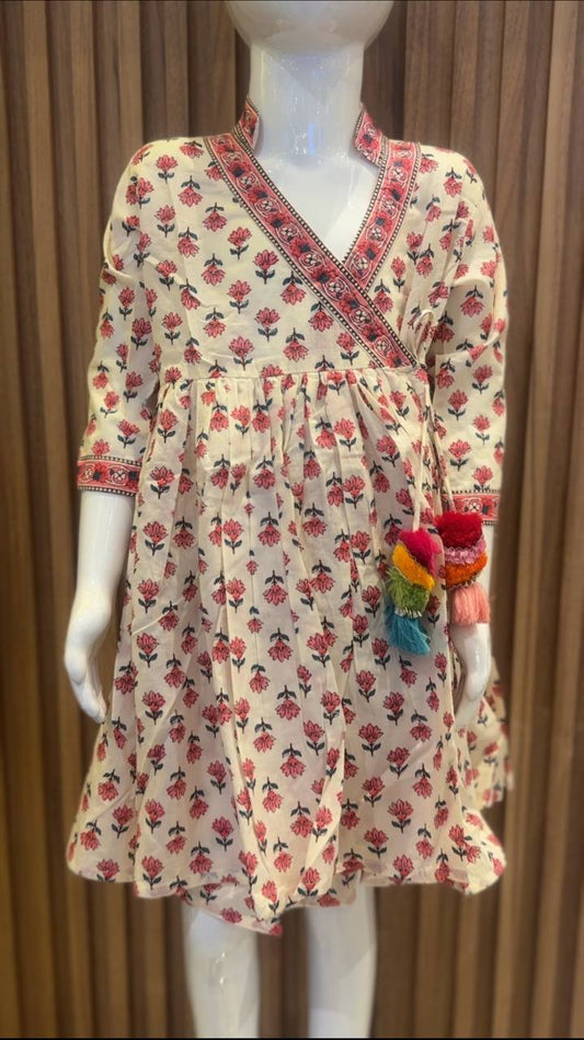 Cream & Pink Angrakha with Tassels