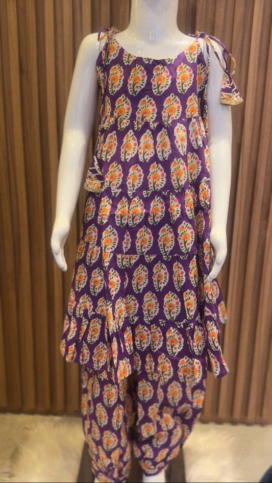 Purple Flower Print Tiered Kurti with Afghan Pant