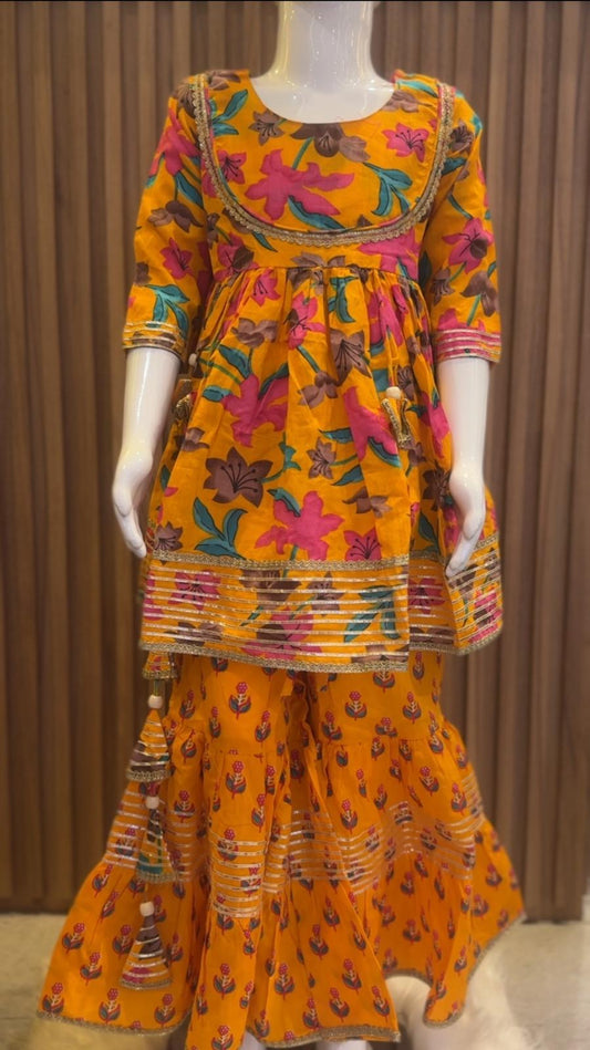 Yellow Floral Printed Kurti with Sharara Pant