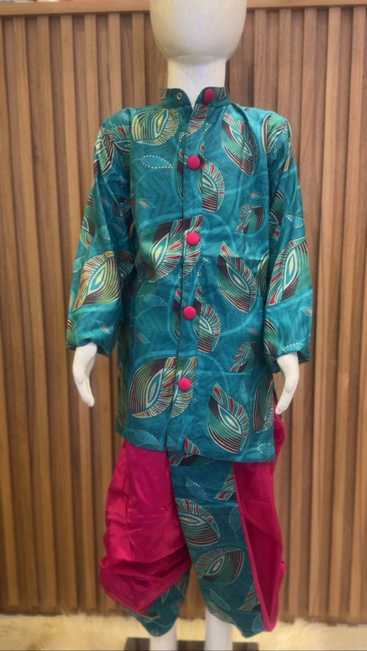Teal Magenta Feather Muslin Print Kurta Dhoti Set