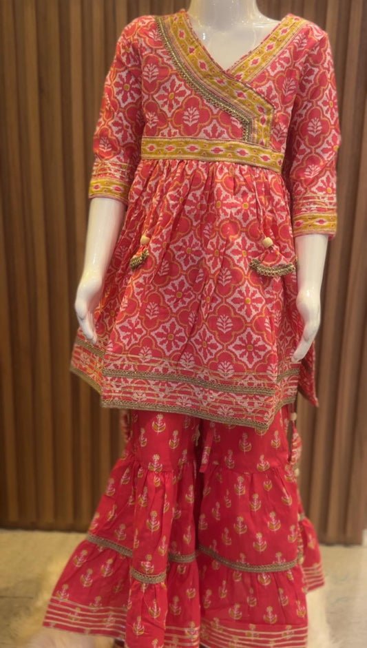 Pink Flower Printed Kids Kurti with Sharara Pant