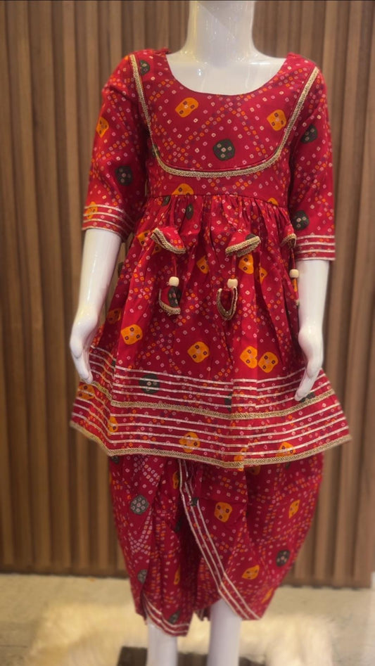 Red Bandhini Muslin Kurti with Dhoti Pant