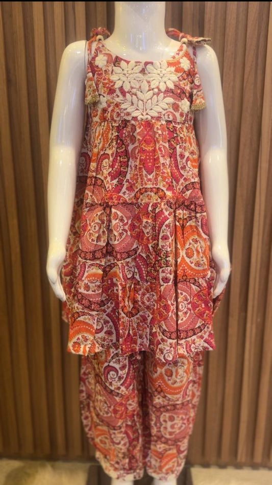 Pink Orange Paisley Kurti with Embroidery with Afghan Pant