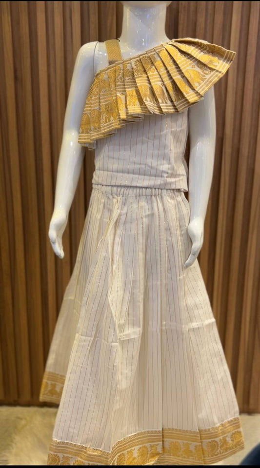 White & Gold Pleated Elephant Border Top and Striped Skirt