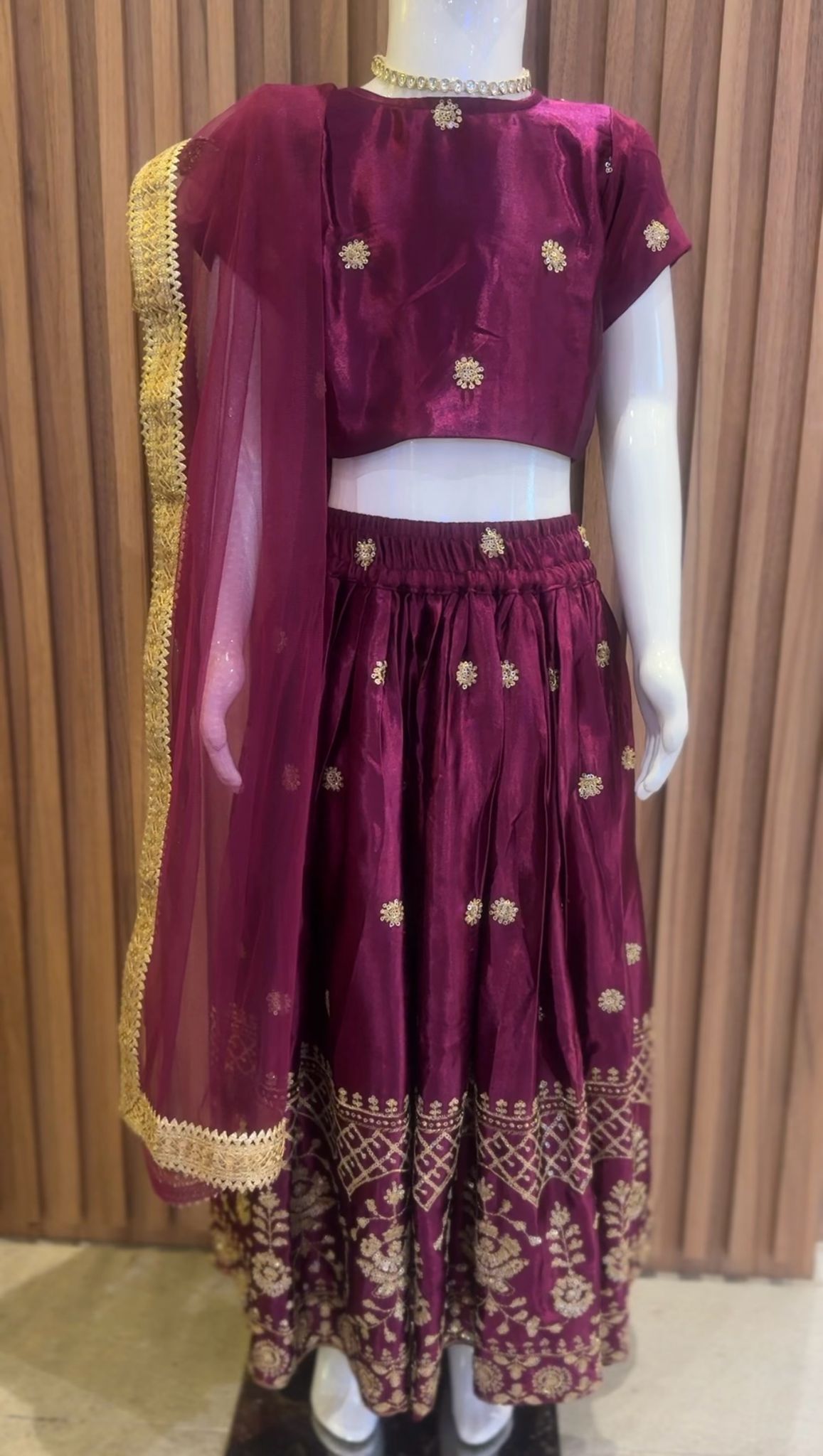 Wine Floral Buti Sequence Wotk Blouse with Lehenga and Dupatta