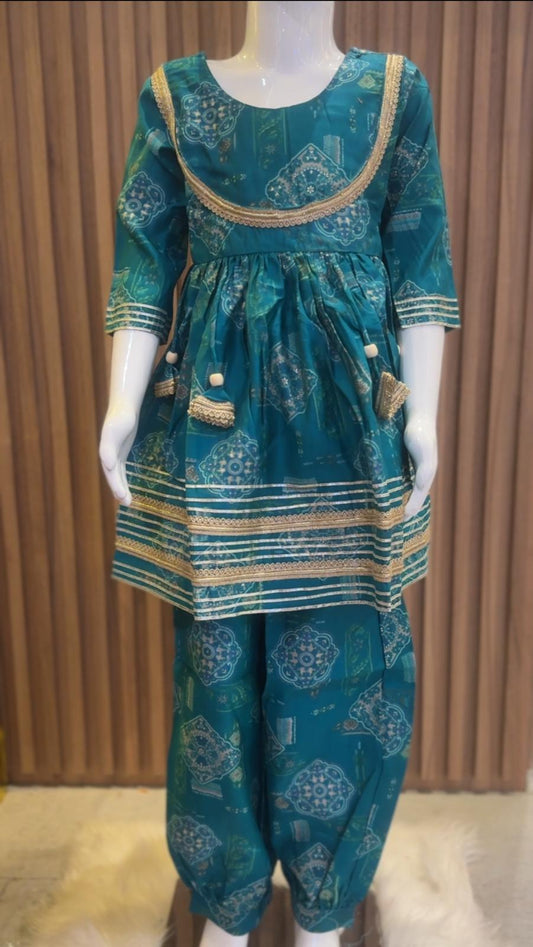 Teal Kolam Printed Muslin Kurti with Afgan Pant