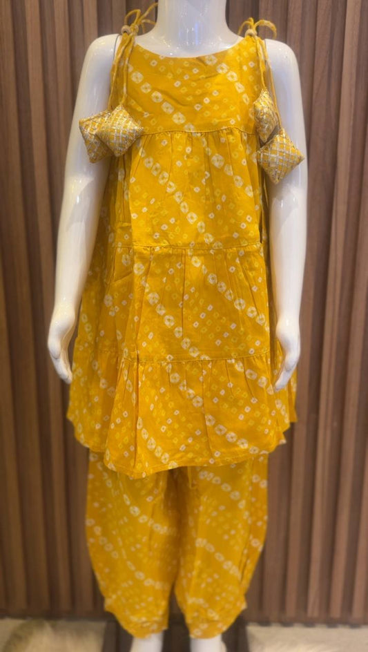 Yellow White Bandhani Tiered Kurti with Afghan Pant