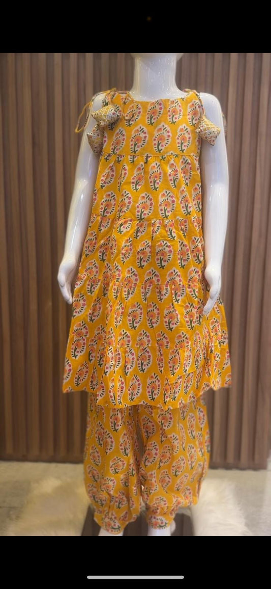 Yellow Floral Buta Printed Spaghetti Top with Afghan Pant