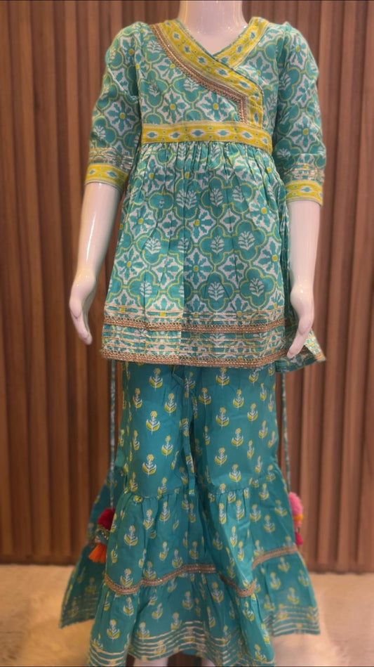 Turquoise Flower Printed Kids Kurti with Sharara Pant
