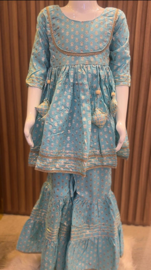Sky Blue Kids Kurti with Sharara Pant