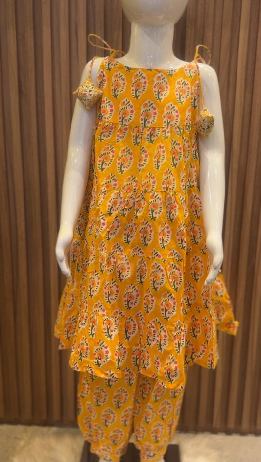 Yellow Flower Print Tiered Kurti with Afghan Pant