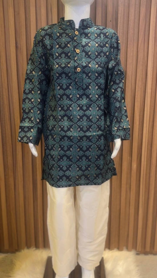 Navy Blue & Turquoise Printed Kurta Pajama