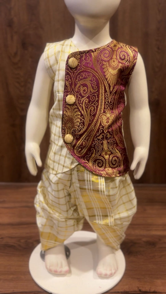 Maroon Overlap Kurta with Gold Dhoti