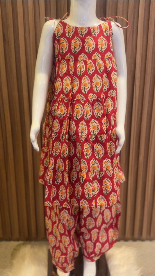 Red Flower Print Tiered Kurti with Afghan Pant