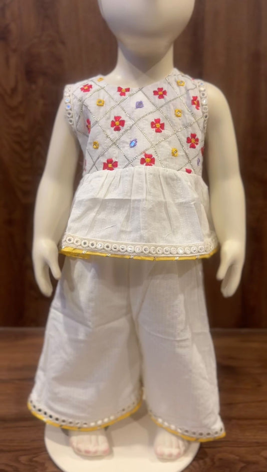 White Cotton Mirror Kurti Set with Yellow Border