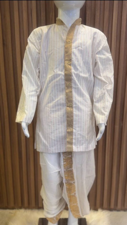 White Striped Kurta with Golden Elephant Border Dhoti