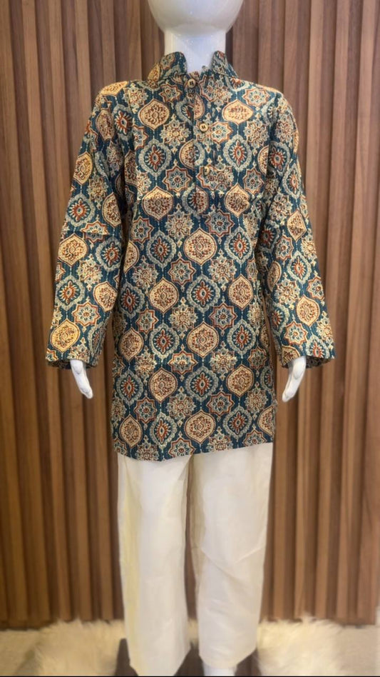 Blue Ajrakh-Style Geometric Kurta Pyjama