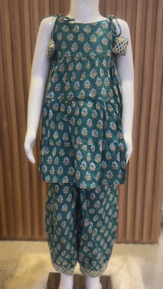 Green Flower Printed Spaghetti Top with Afghan Pant