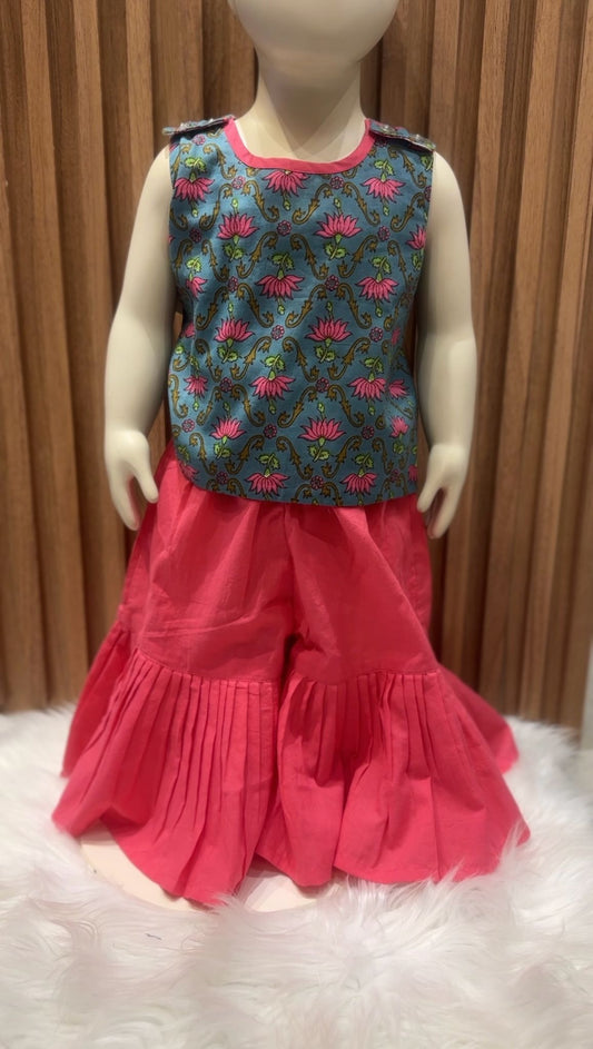 GreenPink & WhitePink Reversible Kurti with Sharara