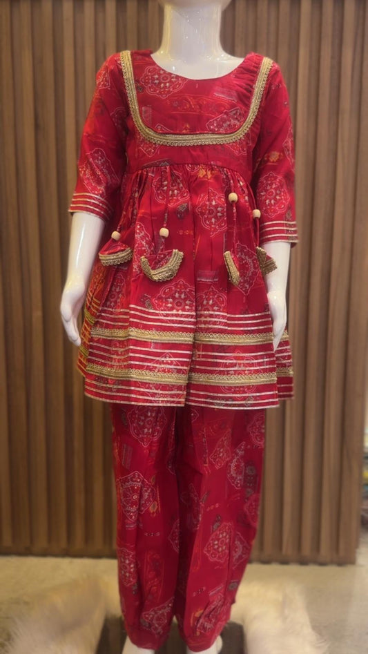 Pink Kolam Printed Muslin Kurti with Afghan Pant
