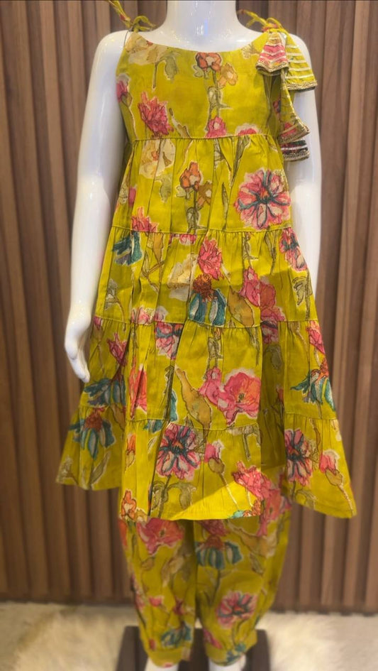 Mustard Pink Floral Kurti with Afghan Pant