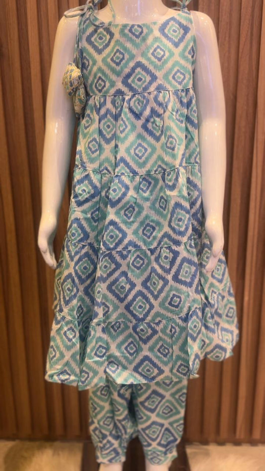 White Blue Aqua Ikat Tiered Kurti with Afghan Pant