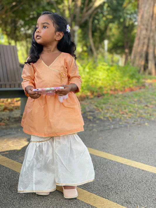 Peach Angarkha Top And White Sharara With Mesh Dupatta